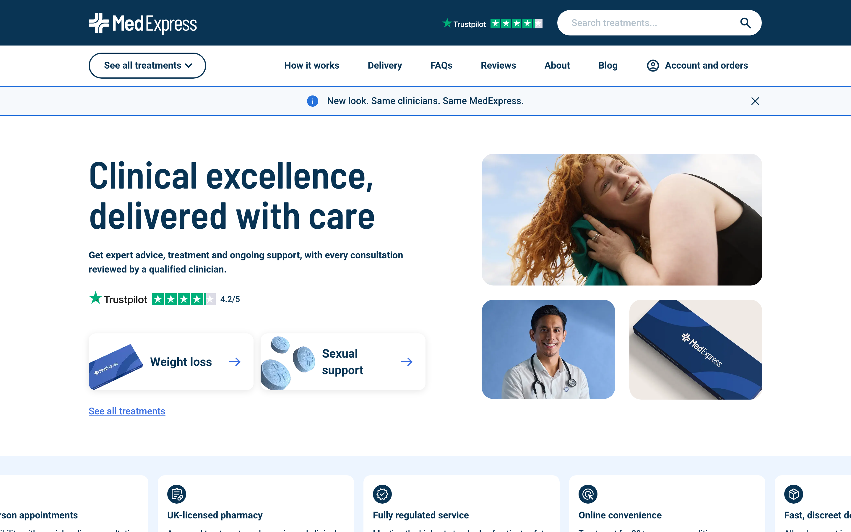 MedExpress rebrand homepage screenshot with a navy header, clinical excellence headline, treatment cards, and photo-led layout.